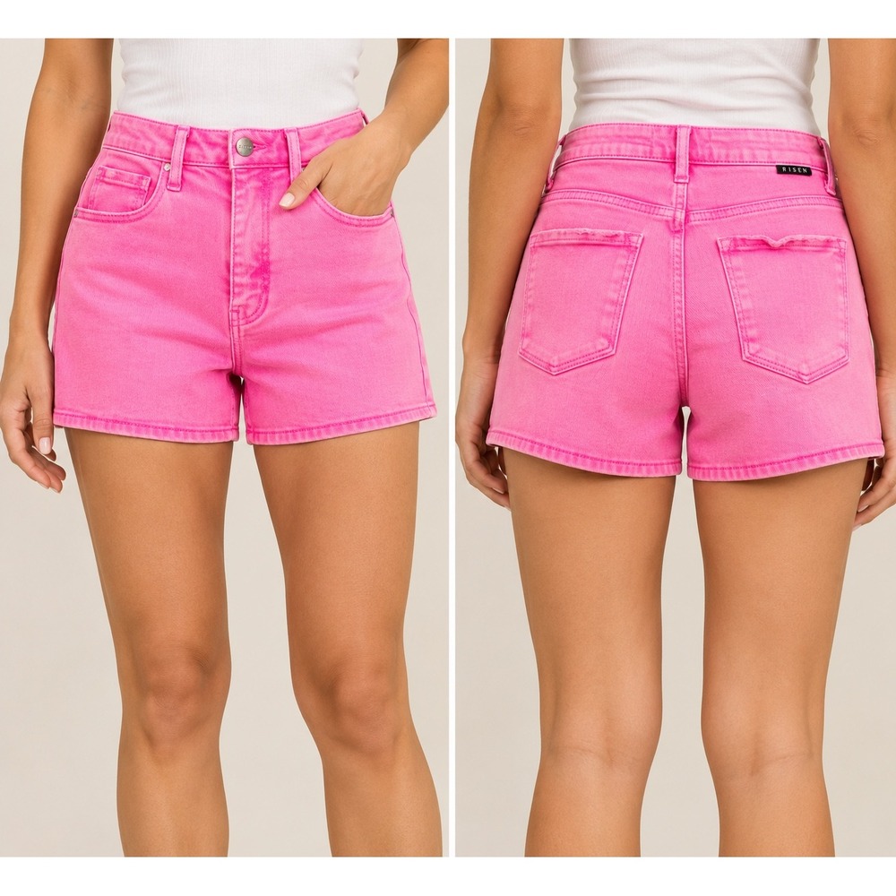 Risen Los Angeles Neon Pink High Waisted Denim Shorts Blue Ink Detail Large